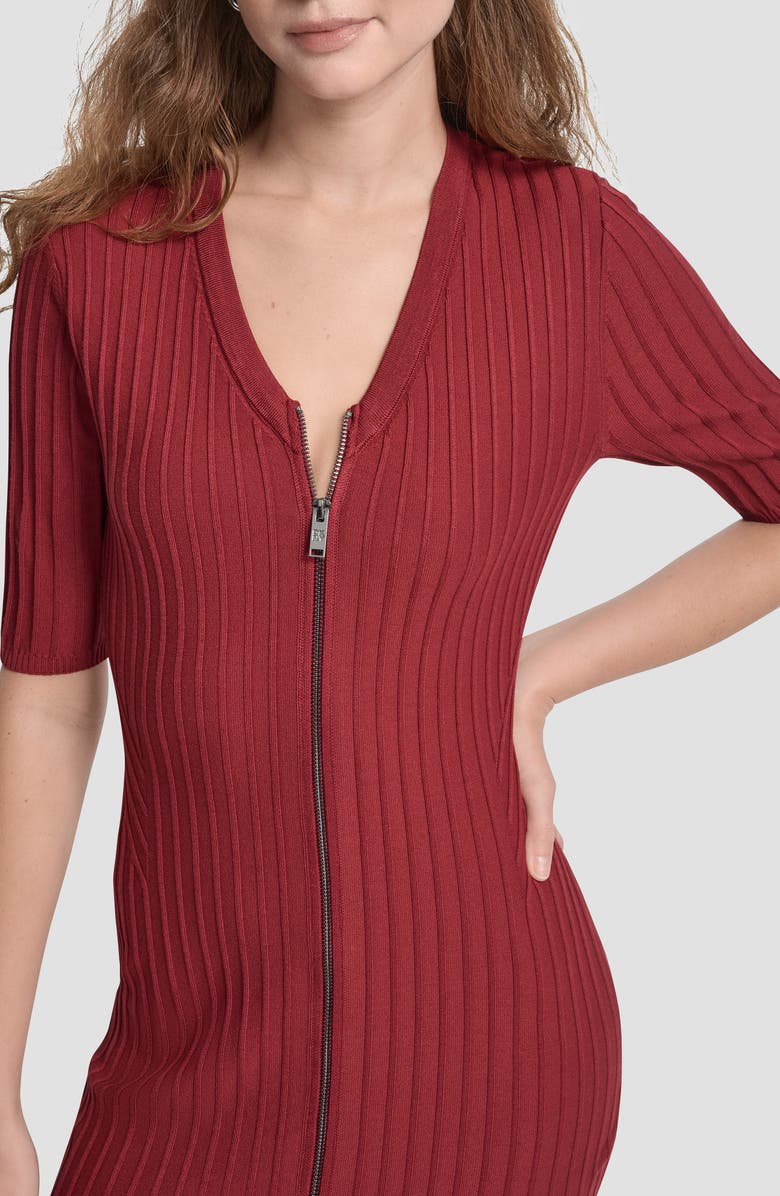 DKNY Ribbed Front Zip Sweater Dress, Alternate, color, Merlot