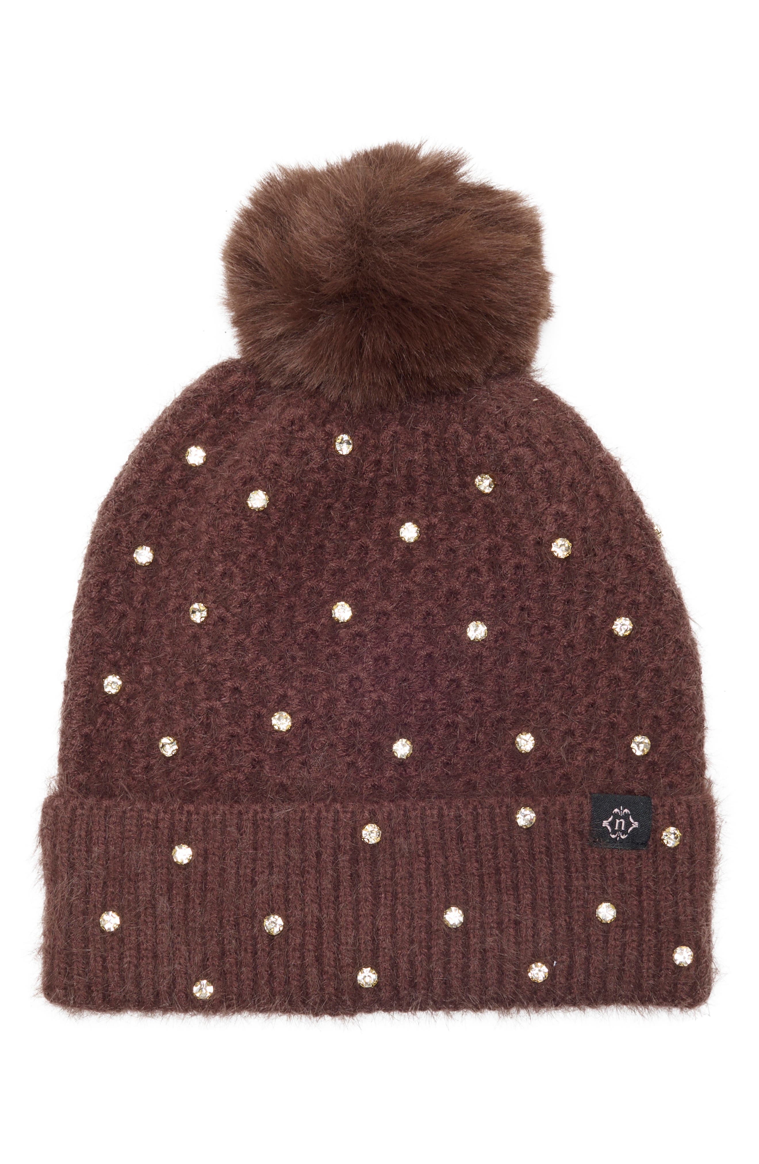 Star Embellished Faux Fur Pom Beanie