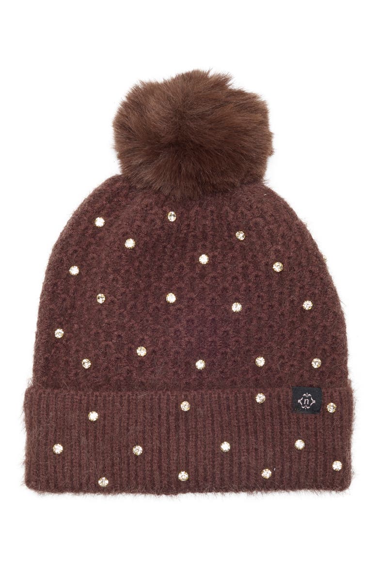 Star Embellished Faux Fur Pom Beanie, Main, color, CHOCOLATE