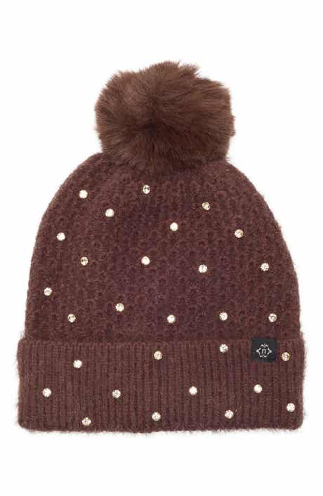 Star Embellished Faux Fur Pom Beanie