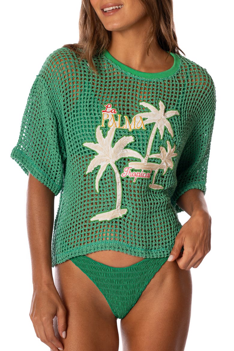 Tropical Sheer Cotton Crochet Cover-Up T-Shirt, Alternate, color, BRIGHT GREEN