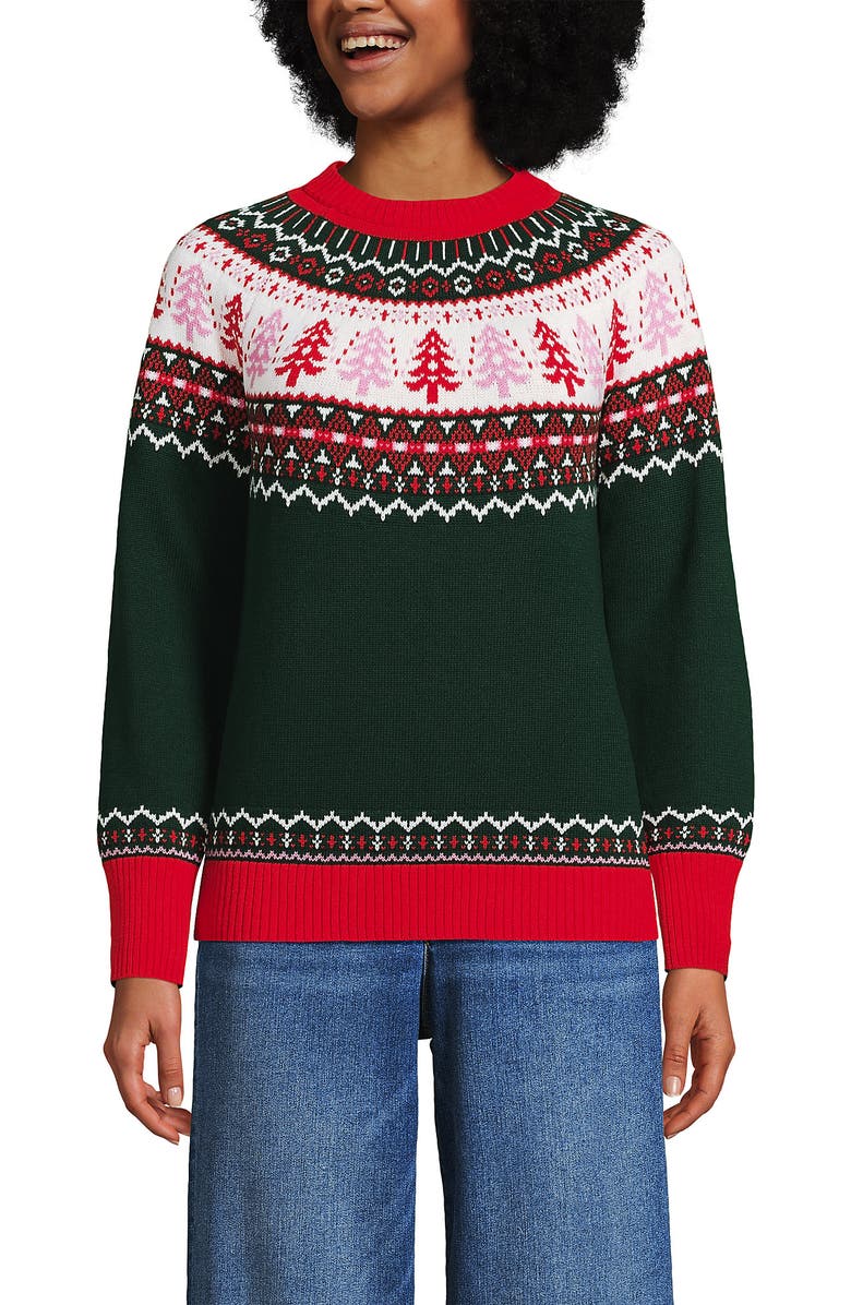 Lands' End Drifter Jacquard Raglan Crew Neck Sweater, Alternate, color, Trees/Green And Red