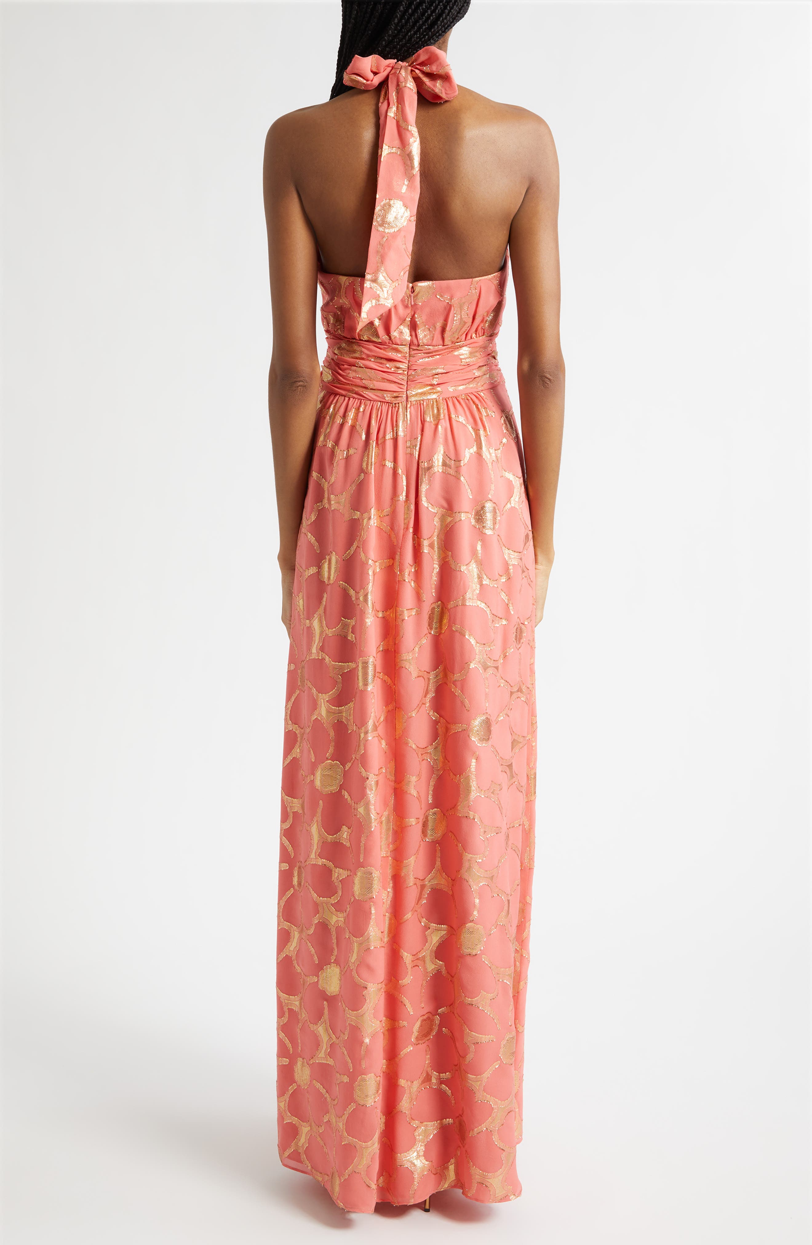 Stephanie Metallic Daisy Print Halter Gown - image 4