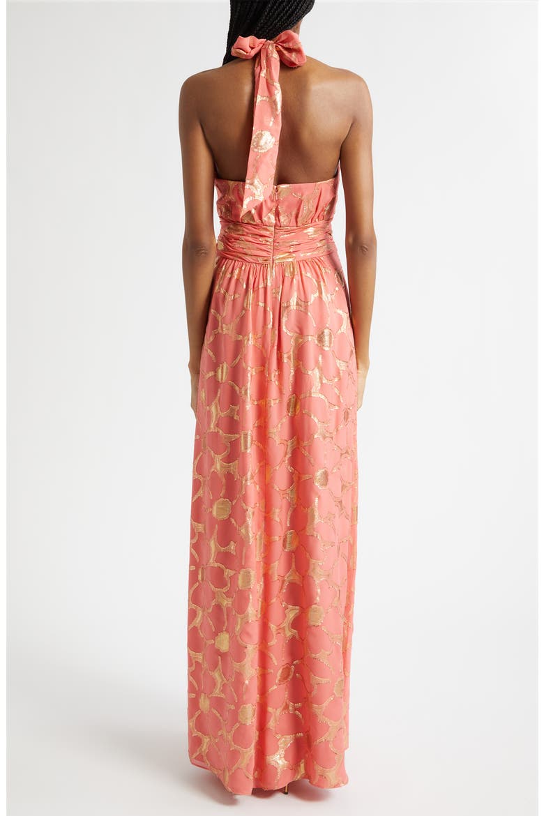 Stephanie Metallic Daisy Print Halter Gown, Alternate, color, CORAL JACQUARD