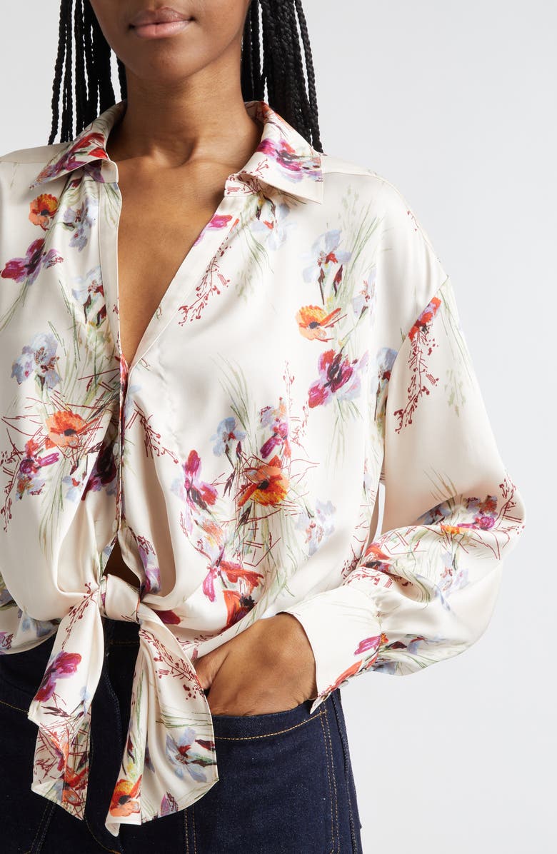 Cinq à Sept Iris Bouquet Marianna Print Tie Front Button-Up Shirt, Alternate, color, Oatmilk Multi
