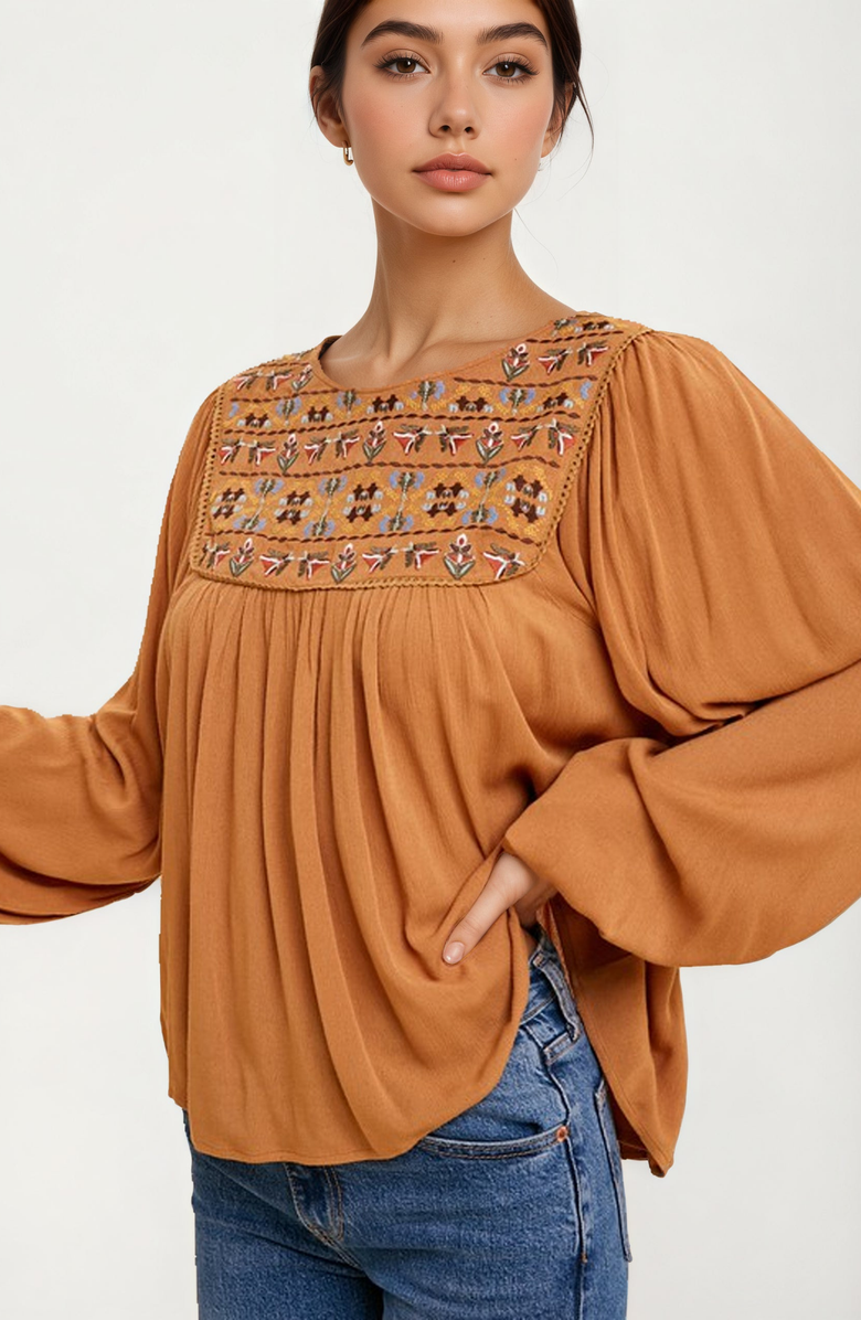 Knit and Lounge Embroidered Yoke Long Sleeve Peasant Blouse, Alternate, color, Brown / Multicolor