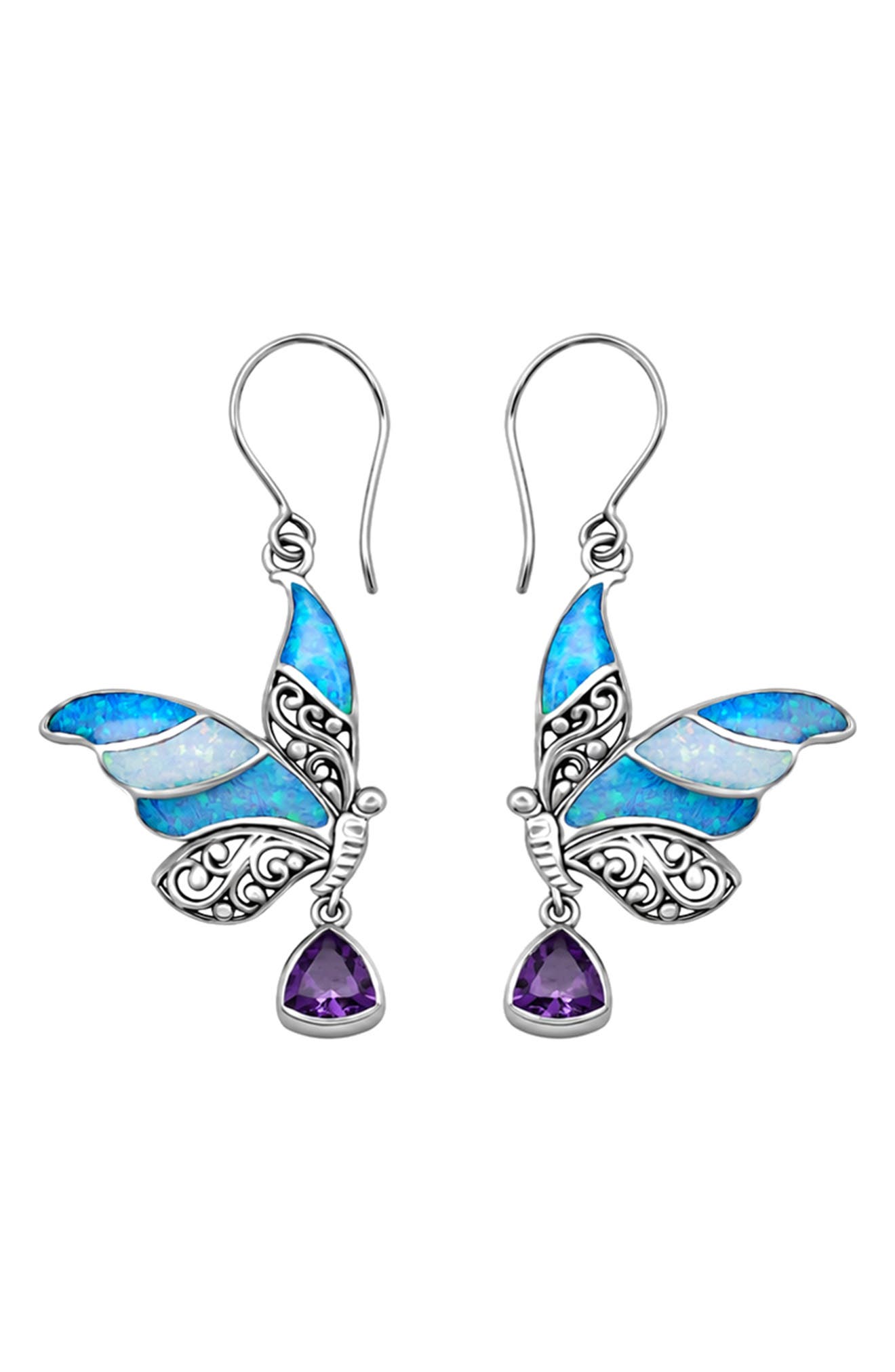 Butterfly Shell, Abalone & Amethyst Drop Earrings