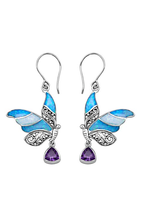 Butterfly Shell, Abalone & Amethyst Drop Earrings