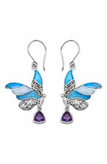 Butterfly Shell, Abalone & Amethyst Drop Earrings