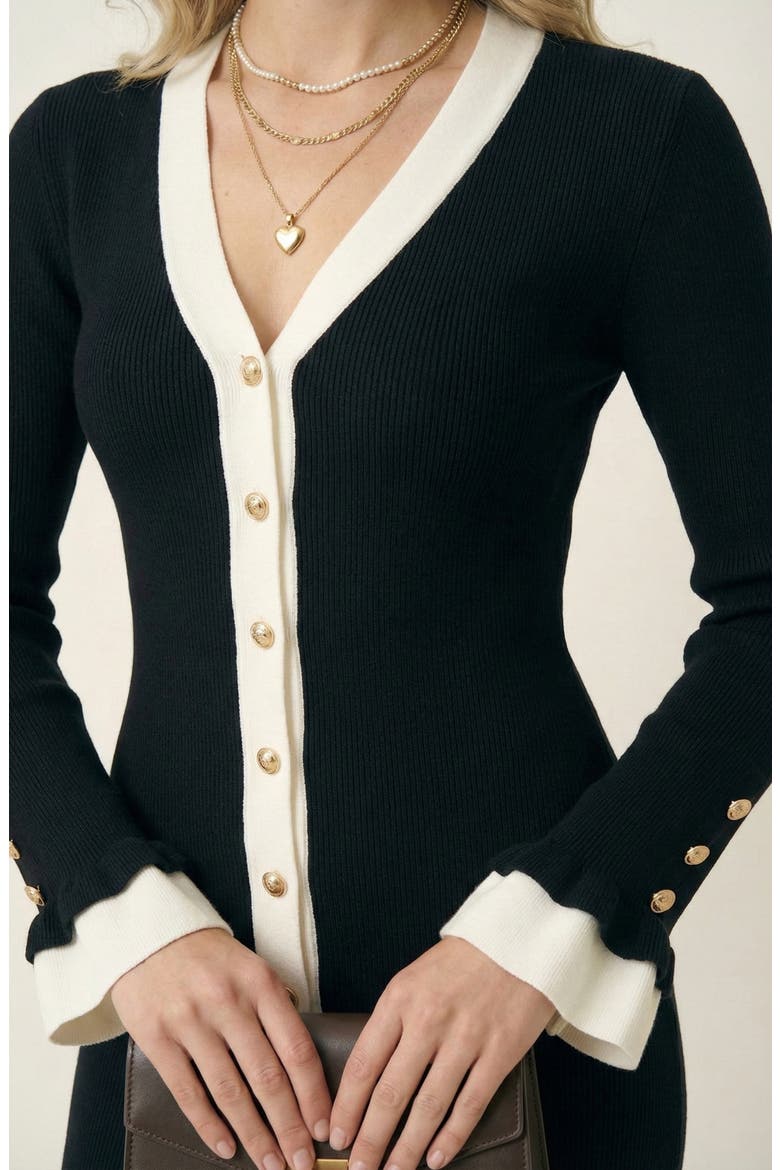 Ribbed Knit Contrast Trim Button Front Midi Dress, Alternate, color, Black / White