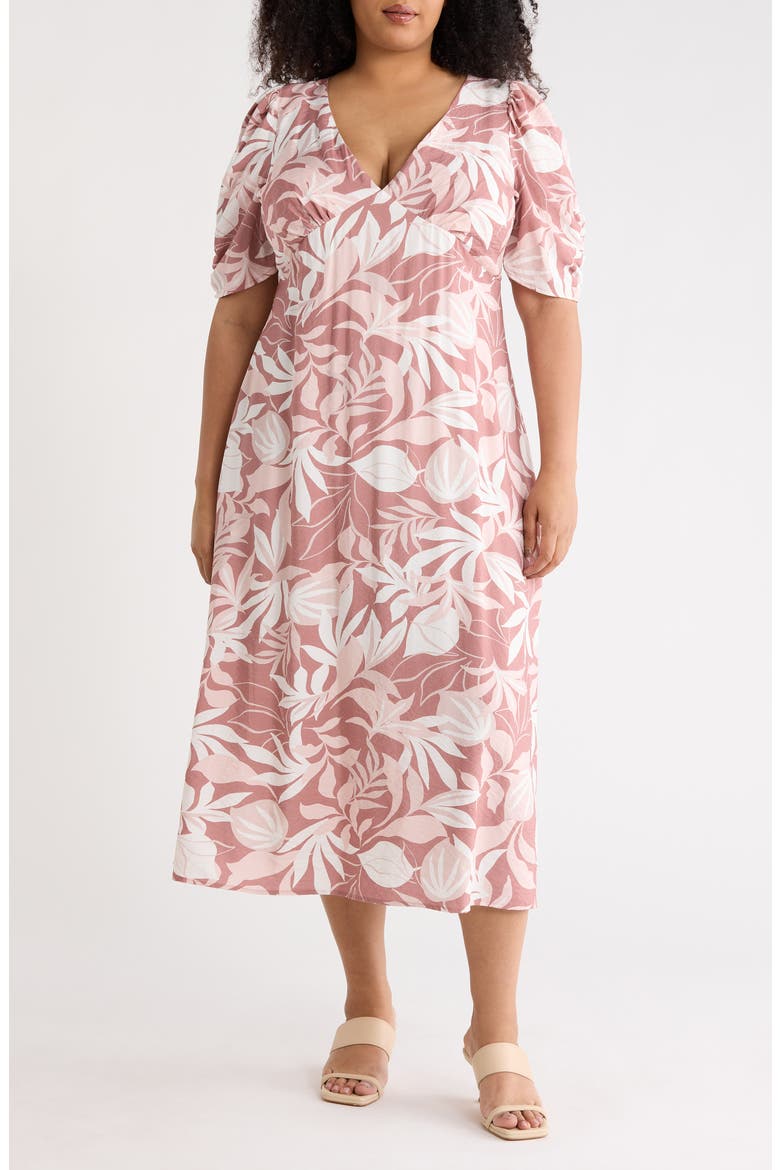 Floral Short Sleeve Empire Waist Midi Dress, Main, color, PINK