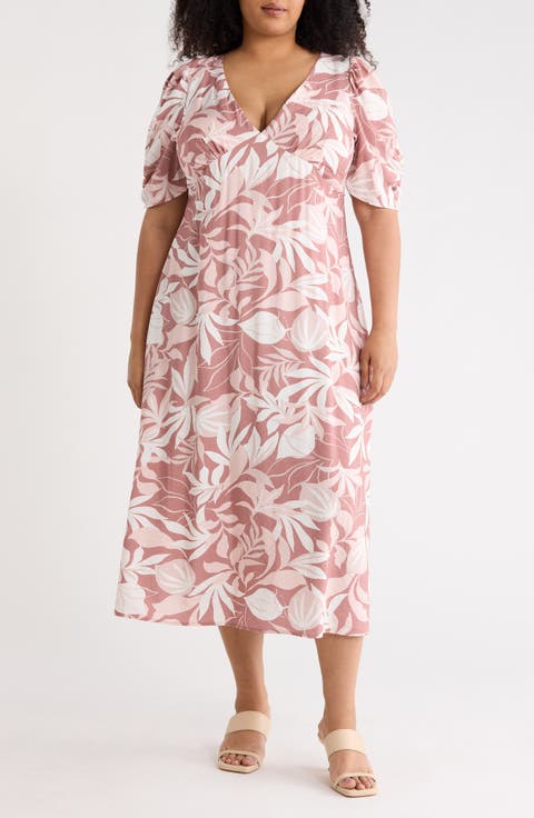 Floral Short Sleeve Empire Waist Midi Dress (Plus)