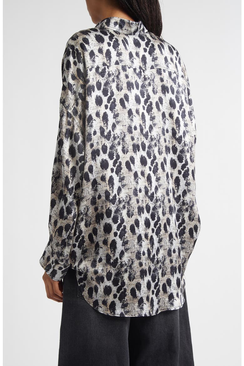 Leopard Print Drop Neck Silk Button-Up Shirt, Alternate, color, BLACK SILVER LEOPARD