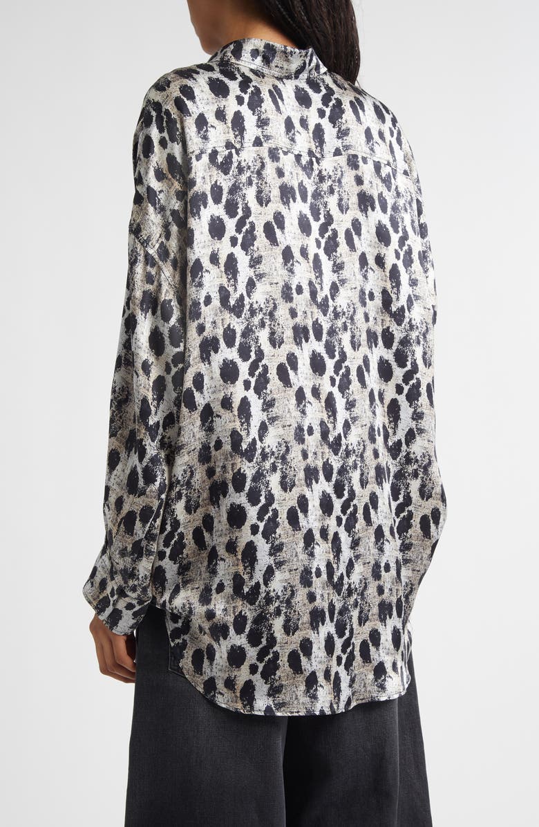 R13 Leopard Print Drop Neck Silk Button-Up Shirt, Alternate, color, Black Silver Leopard