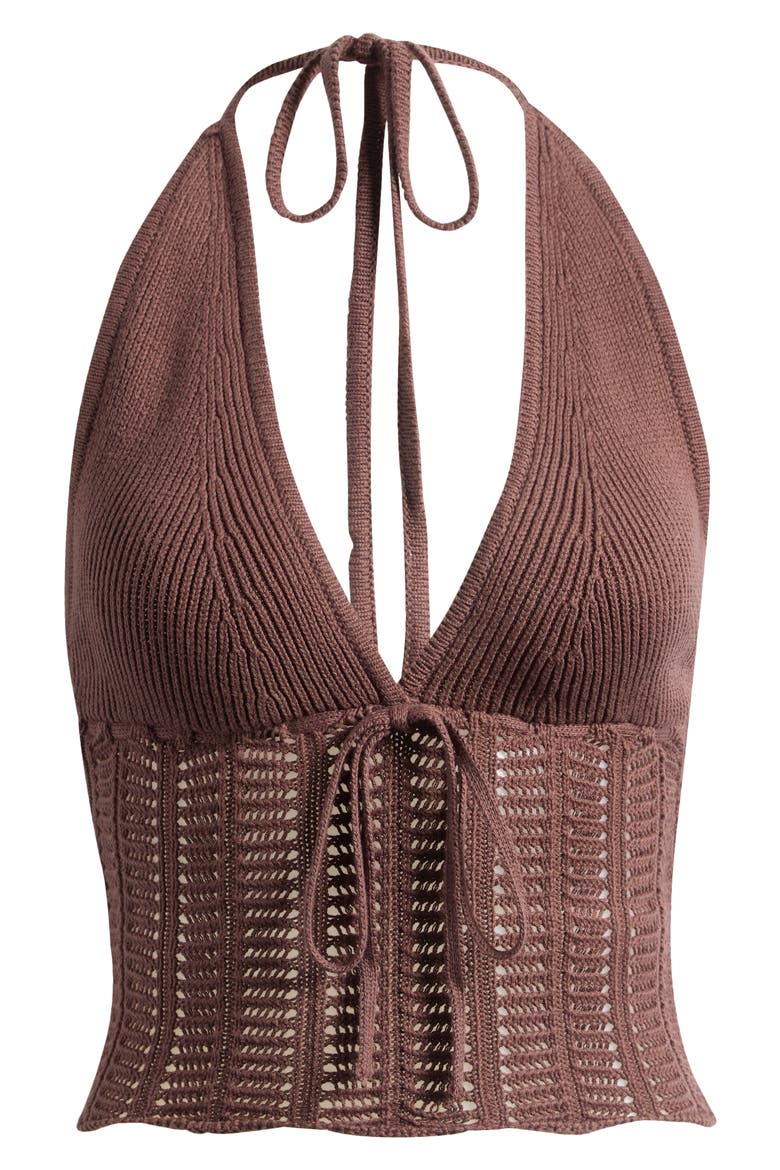 Kelli Open Stitch Cotton Halter Top, Alternate, color, BROWN