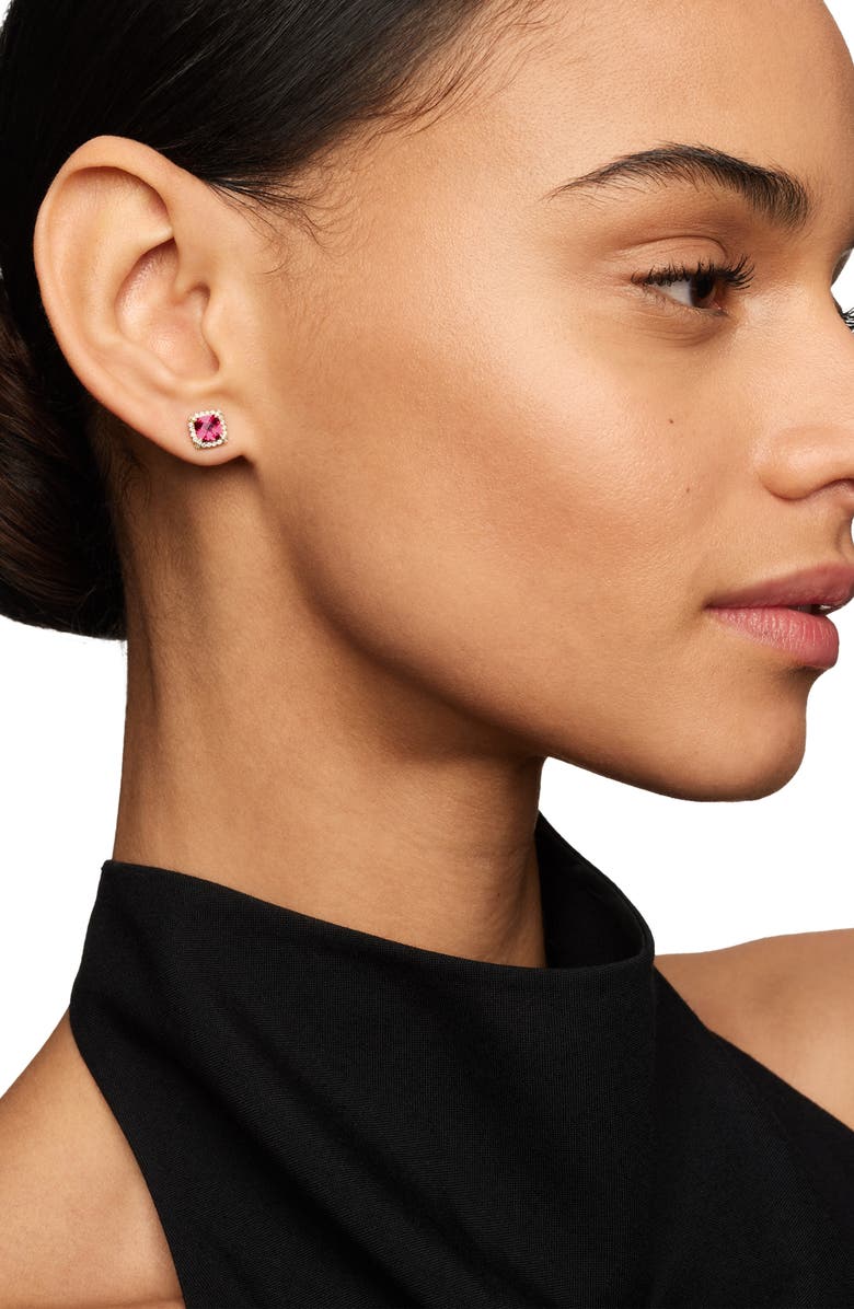 David Yurman Petite Chatelaine<sup>®</sup> Pavé Bezel Stud Earrings in 18k Gold, Alternate, color, Pink Tourmaline