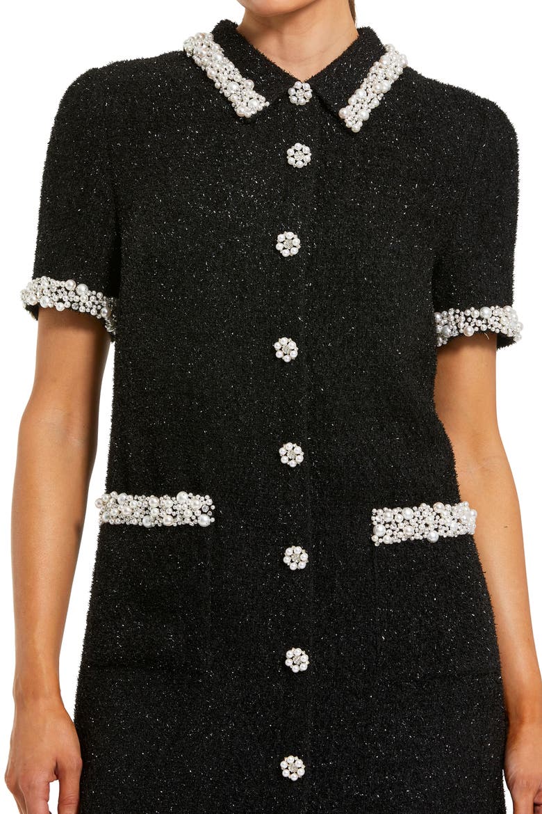 Pearl Embellished Boucle Short Sleeve Mini Dress, Alternate, color, Black