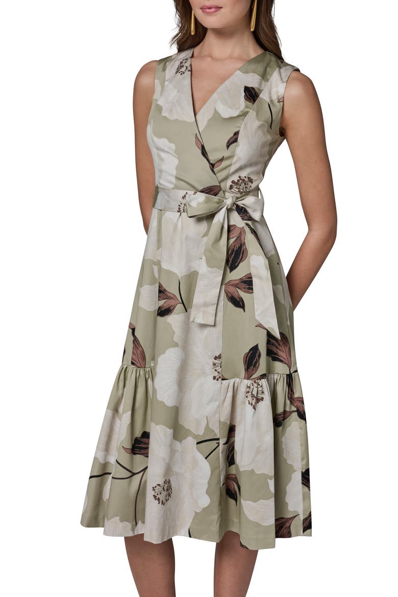 Floral Print Faux Wrap Midi Dress, Alternate, color, AGAVE MULT