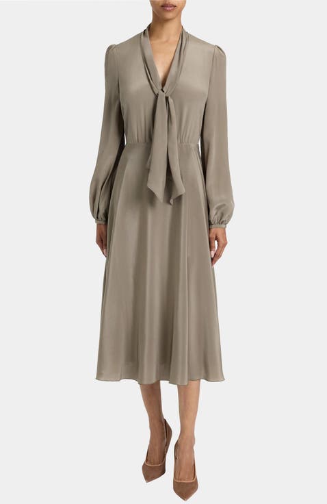 Jenn Silk Tie Neck Midi Dress