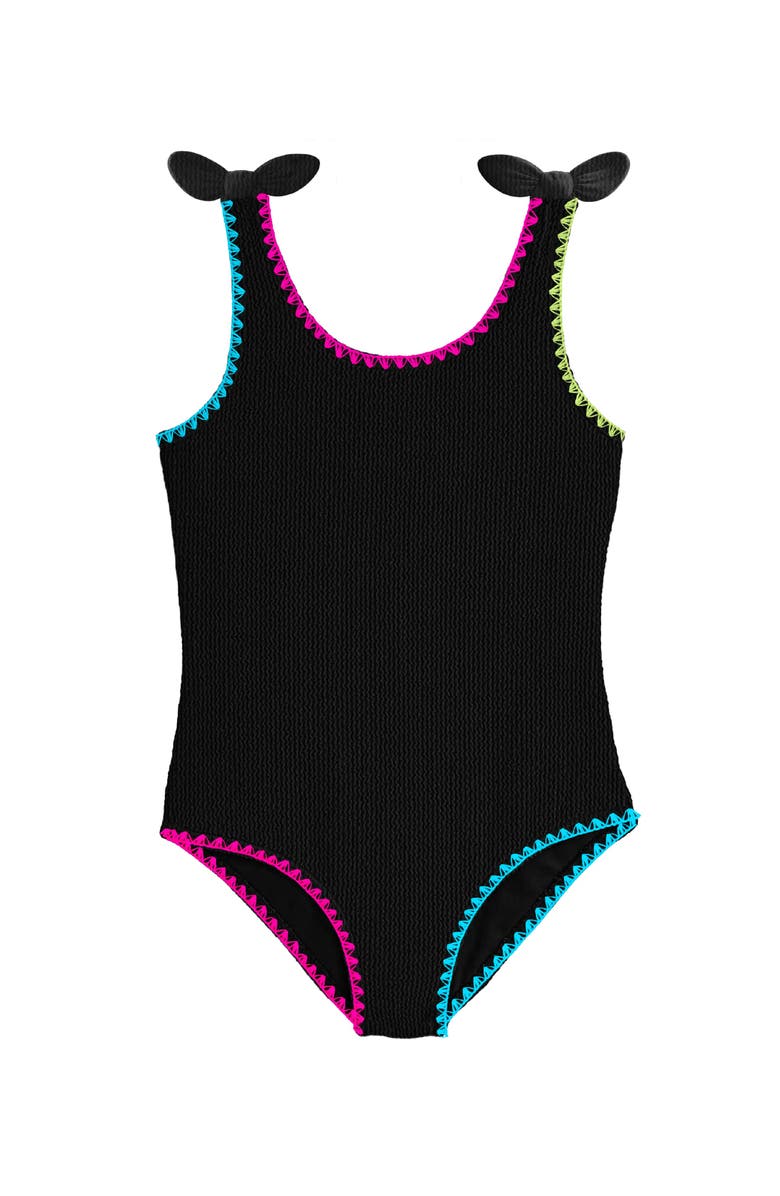 Limeapple Crinkle Bow Tie One Piece, Main, color, Black