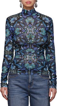 Avec Les Filles Floral Print Mock Neck Long Sleeve Shirt