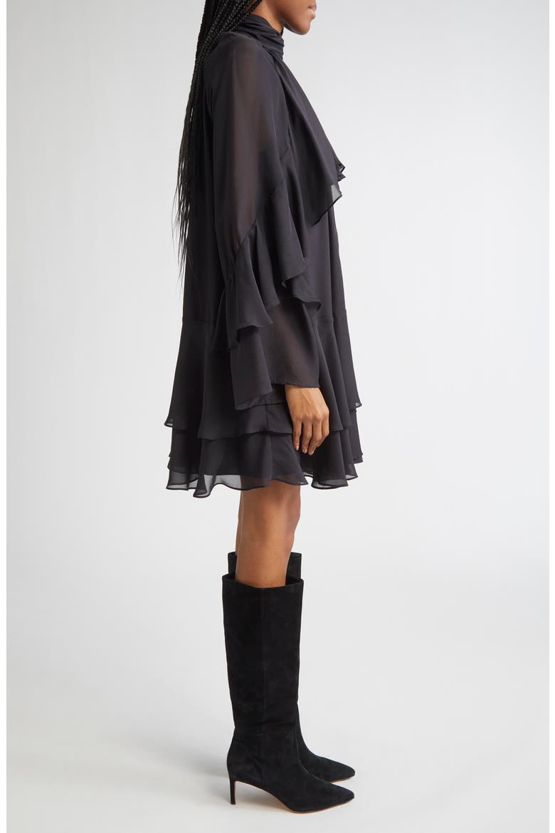 Adlington Ruffle Detail Long Sleeve Silk Chiffon Dress, Alternate, color, BLACK