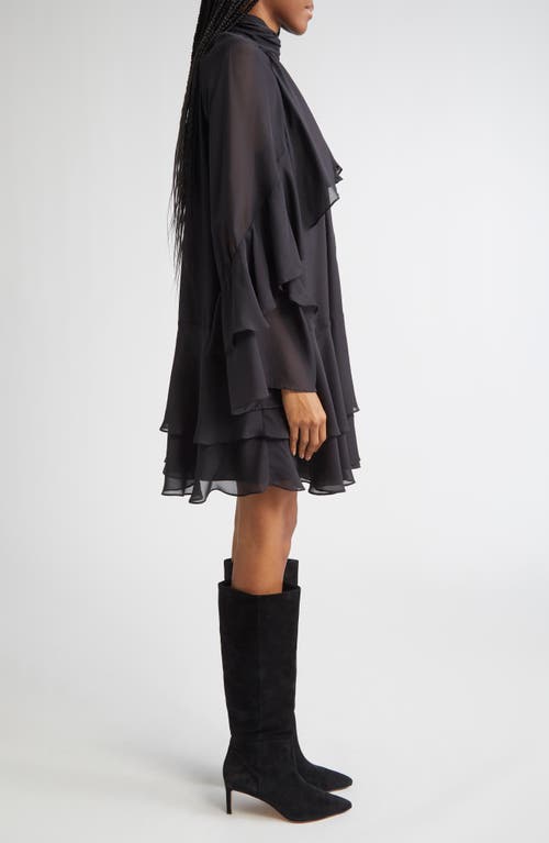 Veronica Beard Adlington Ruffle Detail Long Sleeve Silk Chiffon Dress In Black