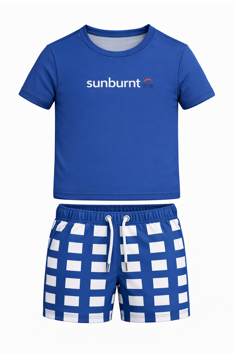 Sunburnt Print Checkered Rashguard & Drawstring Shorts Swim Set, Main, color, Blue