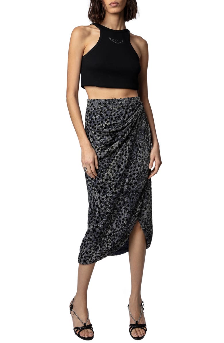 Zadig & Voltaire Jamelia Burnout Stars Faux Wrap Midi Skirt, Alternate, color, Noir