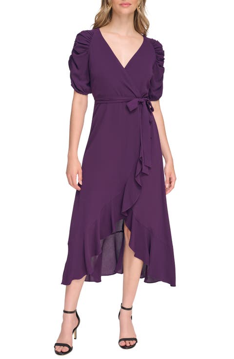 Pebble Puff Sleeve Crepe Faux Wrap Dress
