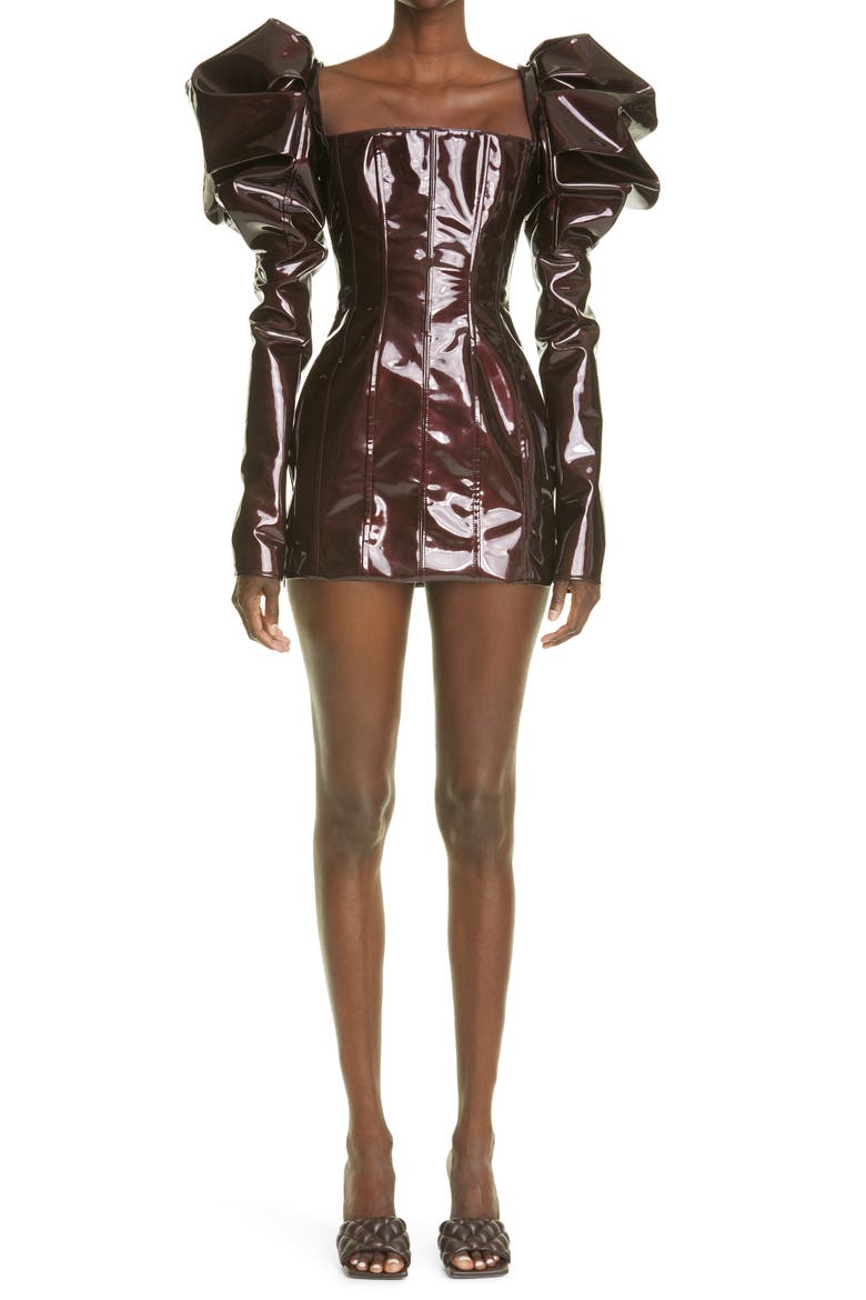 Puff Long Sleeve PVC Minidress, Main, color, CHOCOLATE