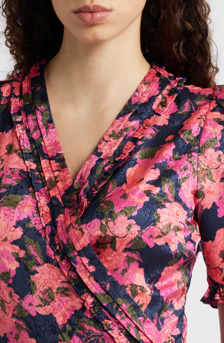 Caslon<sup>®</sup> Floral Satin Jacquard Faux Wrap Dress, Alternate, color, Navy Still Lola Rose