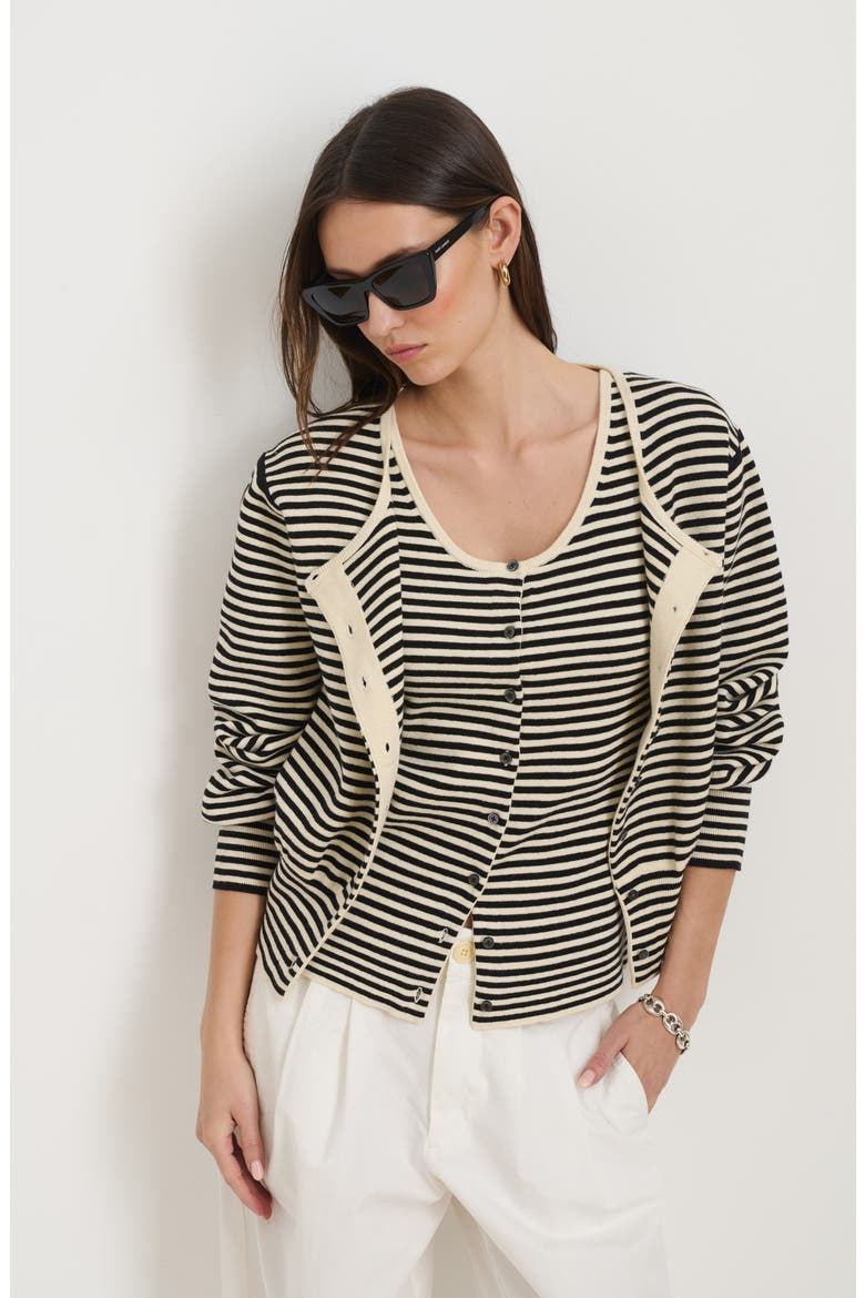 Stripe Puff Sleeve Cardigan, Alternate, color, CREAM/ BLACK
