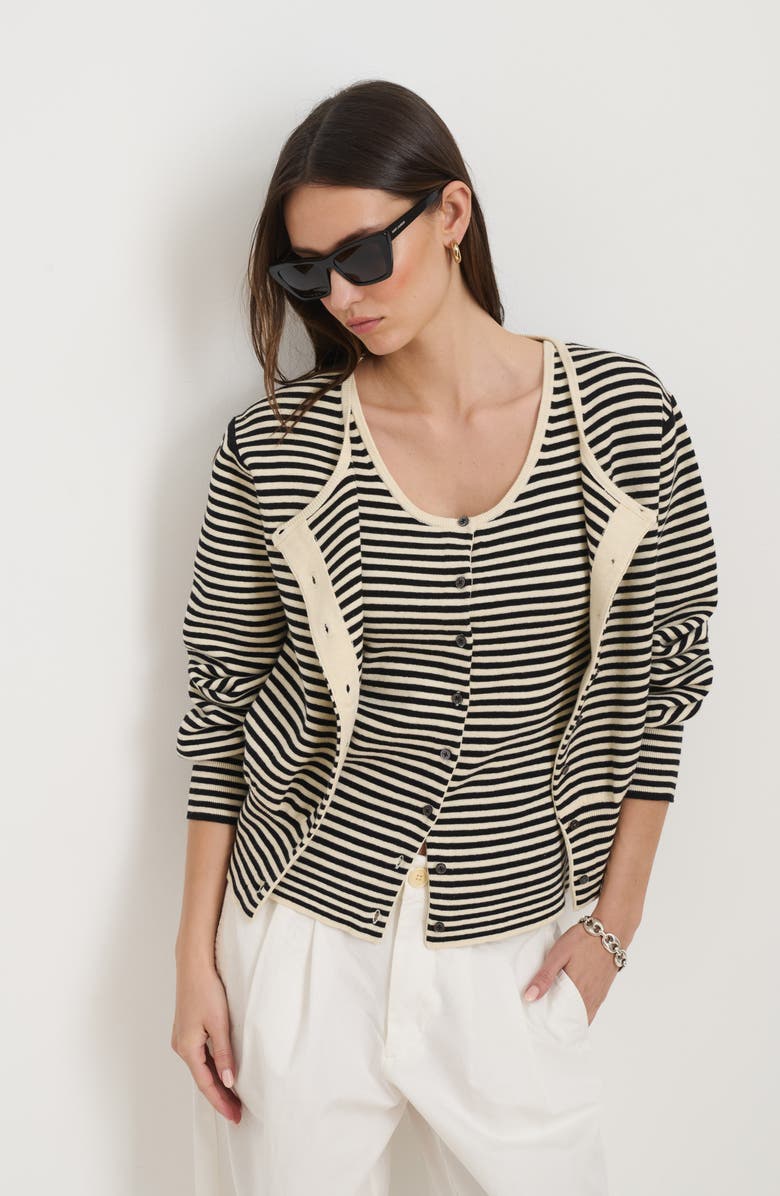 Alex Mill Stripe Puff Sleeve Cardigan, Alternate, color, Cream/ Black