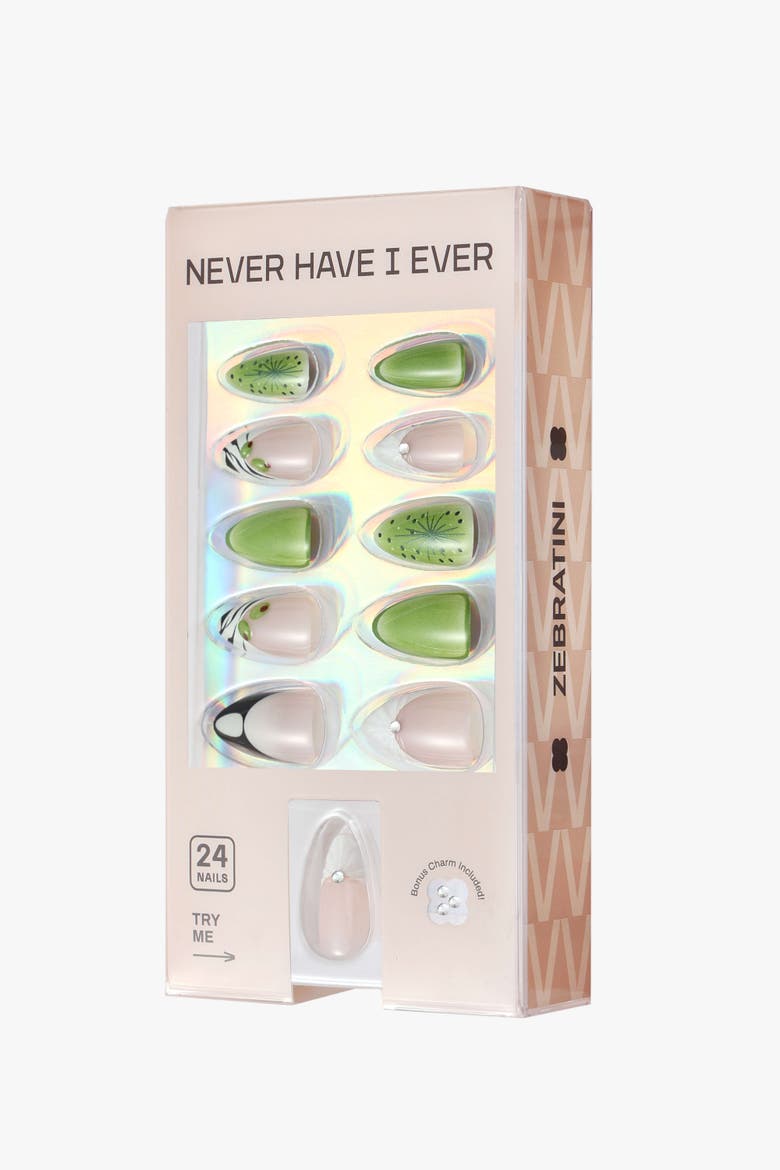 Zebratini Short Almond Press On Nails, Main, color, Green