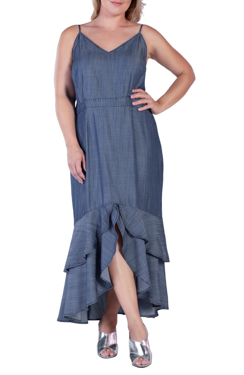 Standards & Practices Tiered Ruffle Chambray Maxi Dress, Main, color, Indigo Rinse