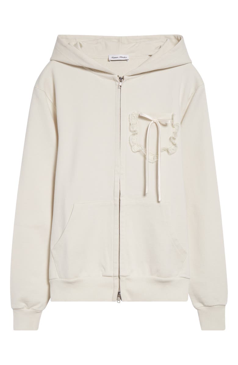 Tanner Fletcher Gender Inclusive Bennett Bow Pocket Cotton Zip-Up Hoodie, Alternate, color, Ivory