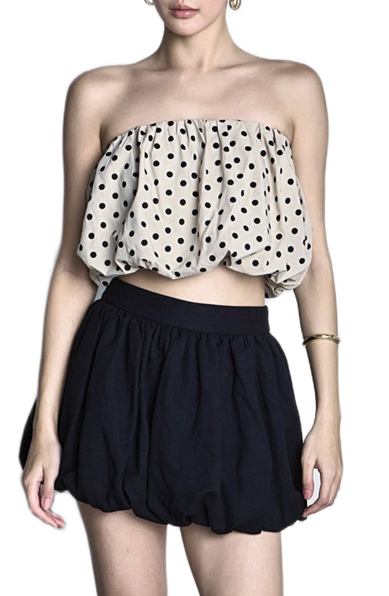 Endless Rose Polka Dot Strapless Bubble Top, Main, color, Taupe/ Black