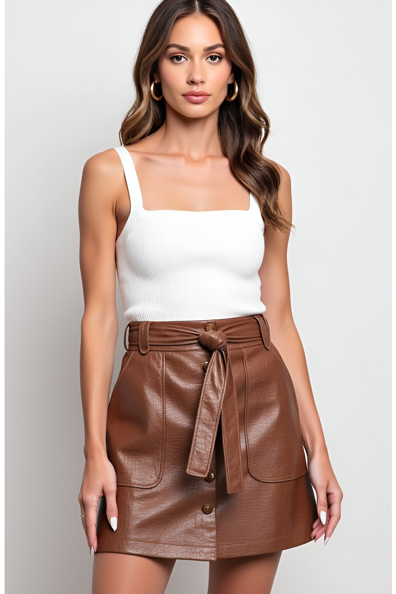 Faux Leather Button-Front Mini Skirt with Belt, Main, color, Brown
