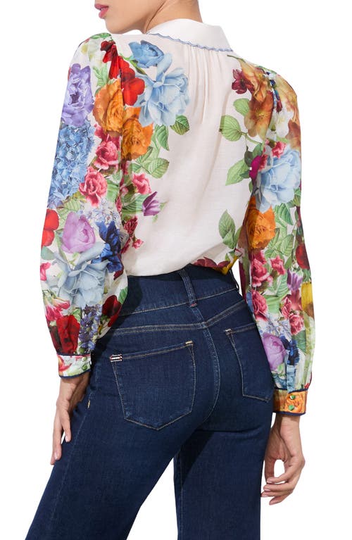 Shop Alice And Olivia Alice + Olivia Roanne Placed Floral Cotton & Silk Button-up Shirt In Garden Brunch Off White