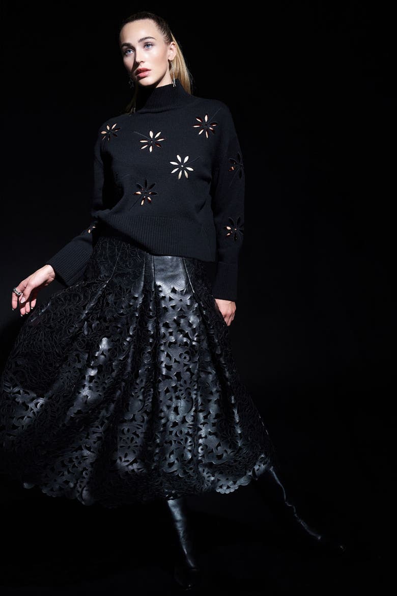 Turtle Neck Pullover With Eylet Embroidery, Alternate, color, Black