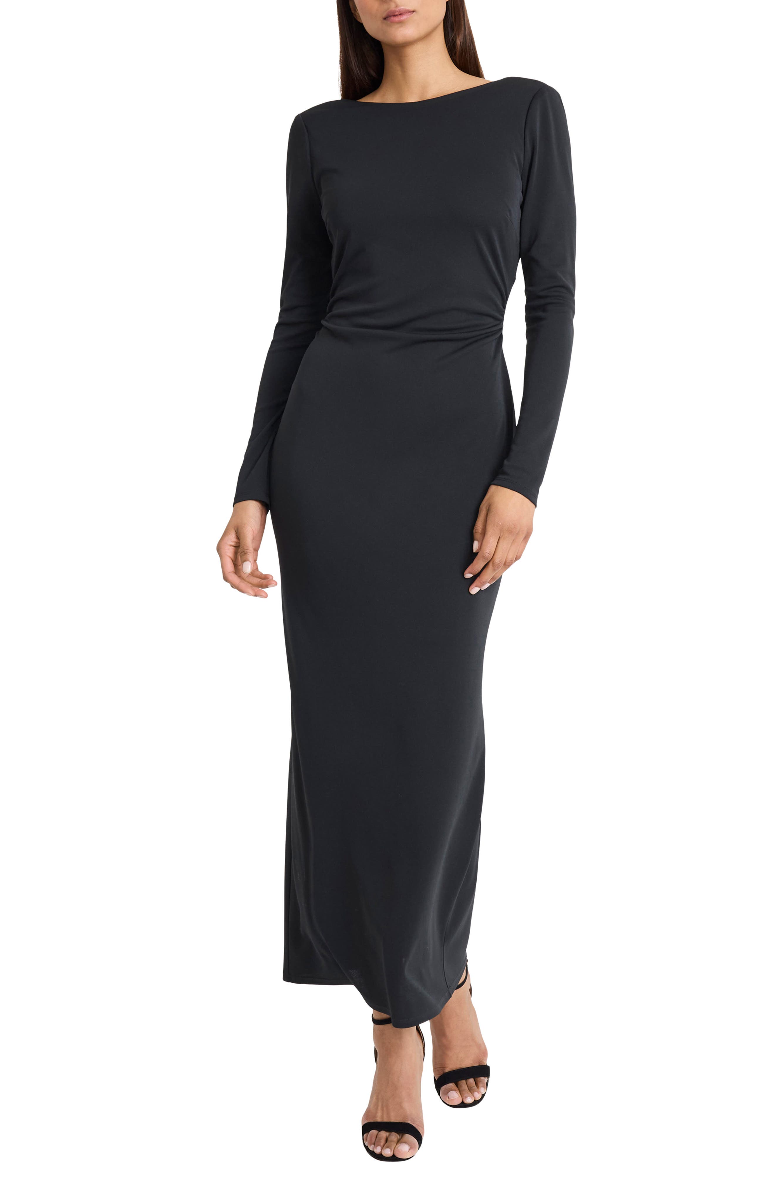 DONNA MORGAN FOR MAGGY Long Sleeve Boat Neck Maxi Dress