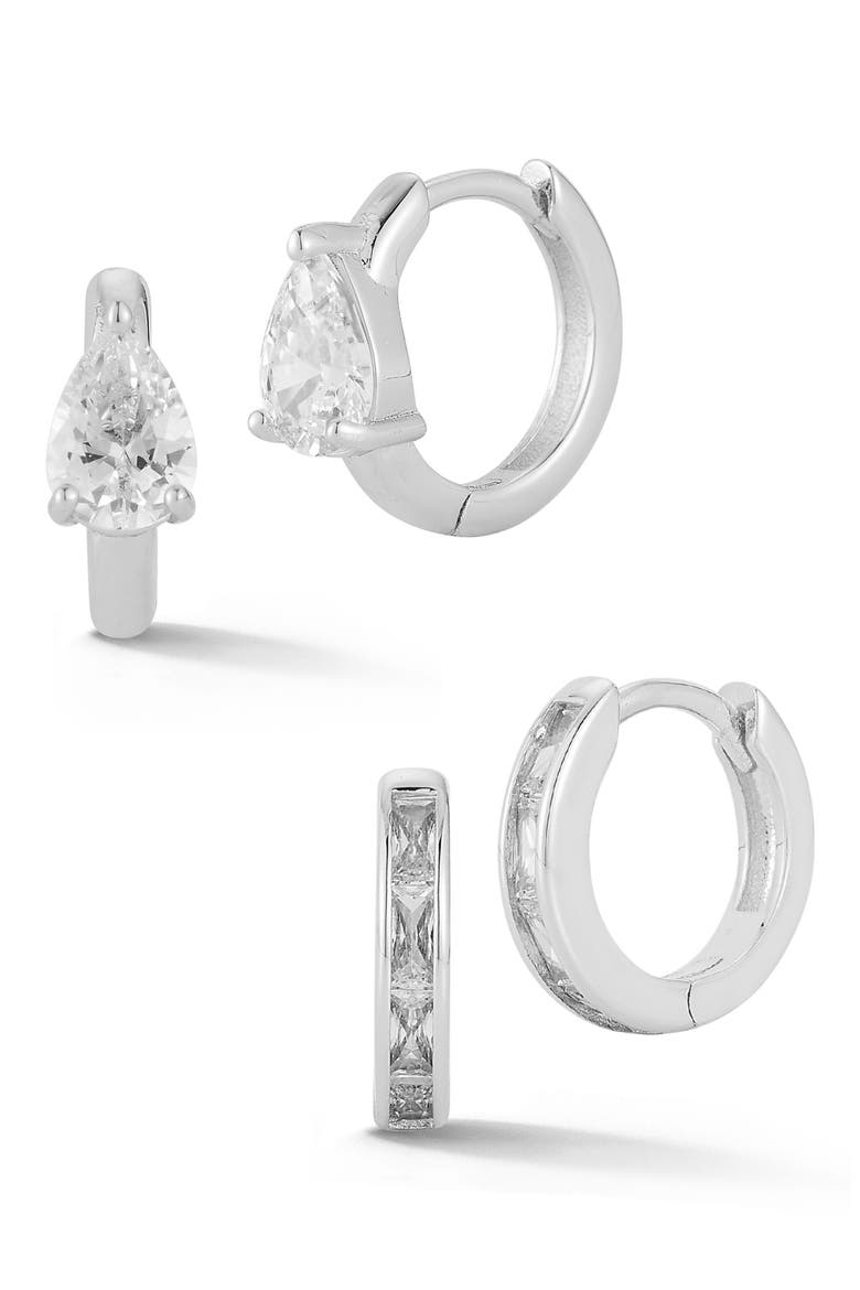 Set of 2 Cubic Zirconia Small Hoop Earrings, Main, color, SILVER