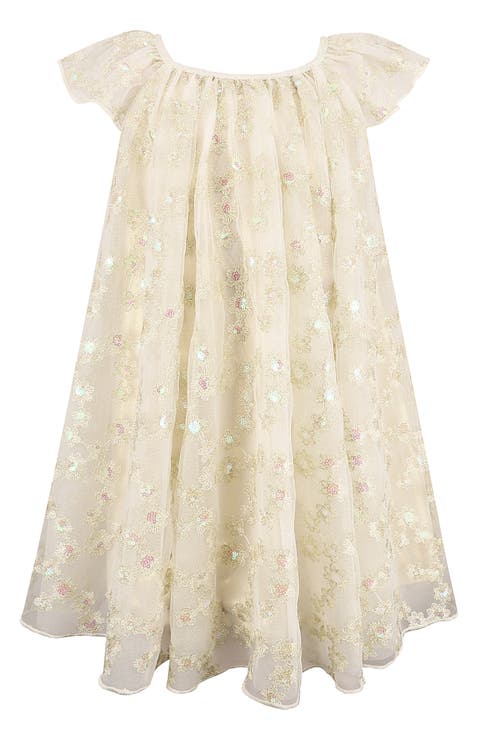 Kids' Sequin Embroidered Flutter Sleeve Dress