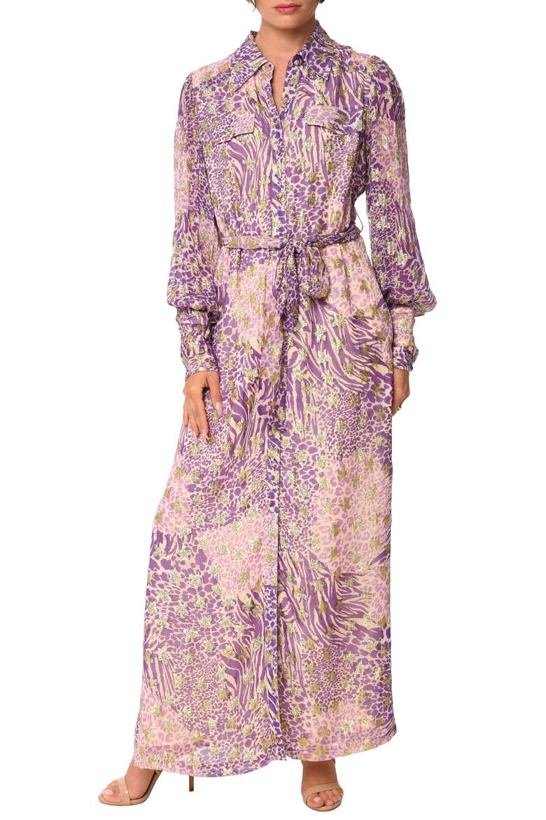 Beverly Metallic Tie Waist Long Sleeve Maxi Shirtdress, Main, color, PURPLE