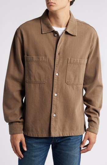 Frame Textured Terry Double Pocket Overshirt In Brown