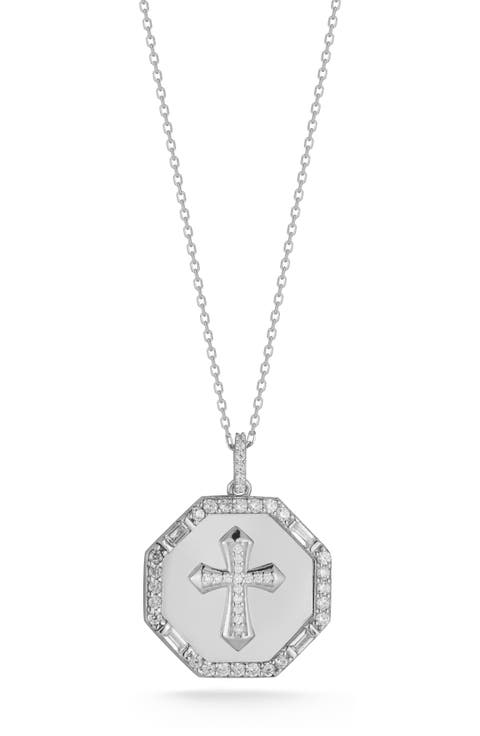 Rhodium Plate Cubic Zirconia Cross Coin Pendant Necklace