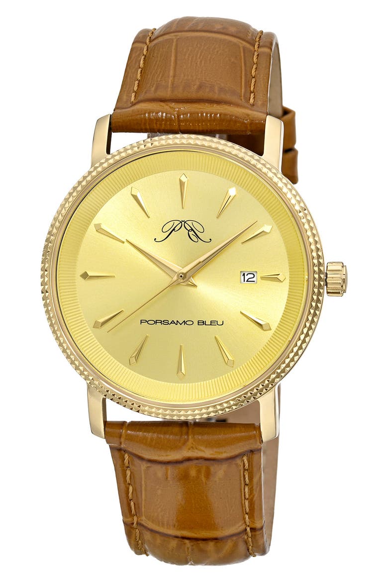 Veritas 2 Croc Embossed Leather Strap Watch, 40mm, Main, color, GOLD