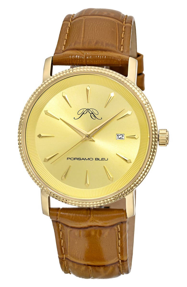 PORSAMO BLEU Veritas 2 Croc Embossed Leather Strap Watch, 40mm, Main, color, Gold