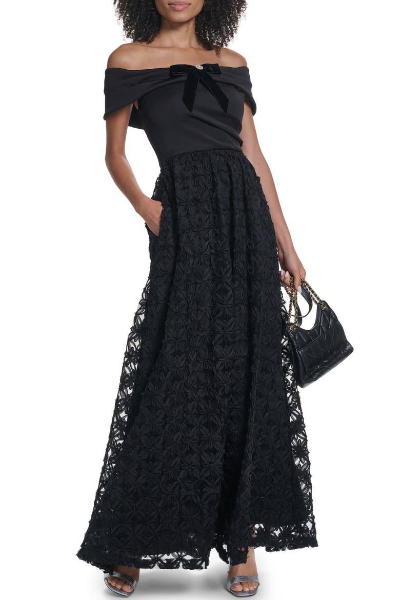 Velvet Bow Off the Shoulder Gown, Alternate, color, BLACK